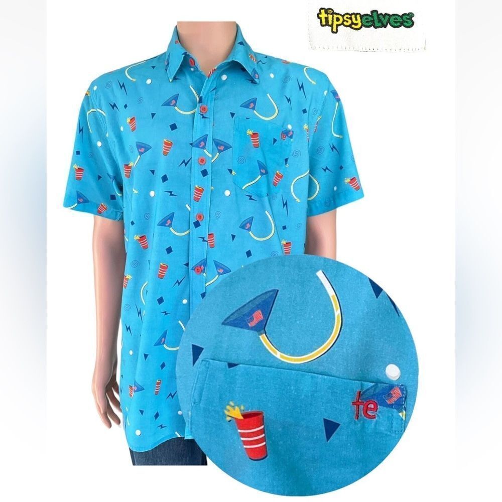 Tipsy Elves Men’s Funny Blue Button Down Collared Shirt w/Party Pattern (Small)
